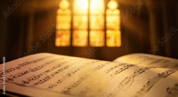 Fototapeta Open music sheet with notes, lit by sunlight through stained glass windows