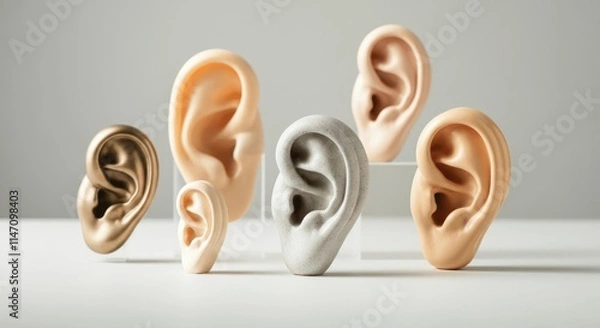 Fototapeta Various prosthetic ears displayed on stands in neutral tones