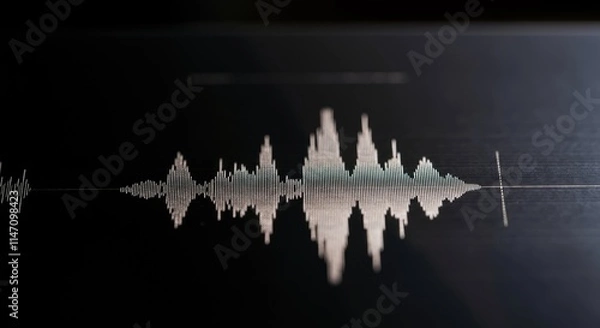 Fototapeta Close-up of audio waveform on black screen, representing sound wave data