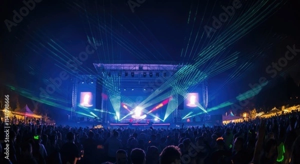 Fototapeta Night concert with crowd and colorful laser lights illuminating stage