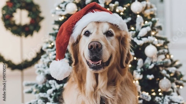 Fototapeta A photo of a golden retriever dog wearing a Santa hat and smiling. The dog is standing in front of a Christmas tree decorated with ornaments. The background contains a wreath and a garland. 