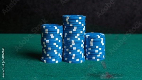 Fototapeta A photo of a stack of blue poker chips on a green felt table. The background is black. The chips are arranged in a neat pile.Gambling chips, chips stack, Casino chip stacks