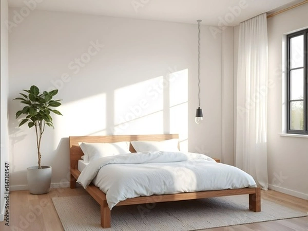 Fototapeta minimalist bedroom with low wooden bed frame, white bedding, neutral walls, and large windows with diffused light