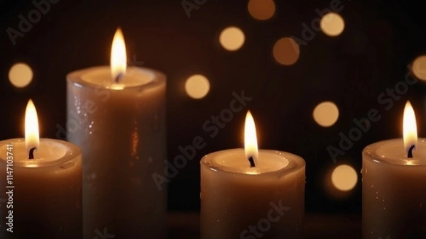 Fototapeta Four lit candles with bokeh lights.