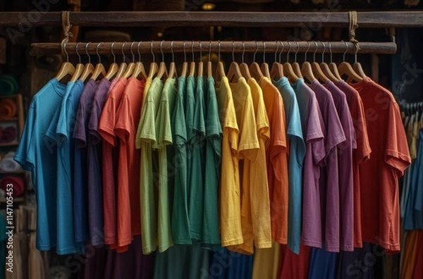 Fototapeta Collection of colorful t-shirts hanging on wooden rack in rustic market setting during sunny daytime