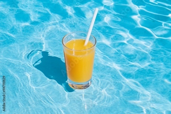 Fototapeta A refreshing orange drink in a glass floats in a clear blue pool.