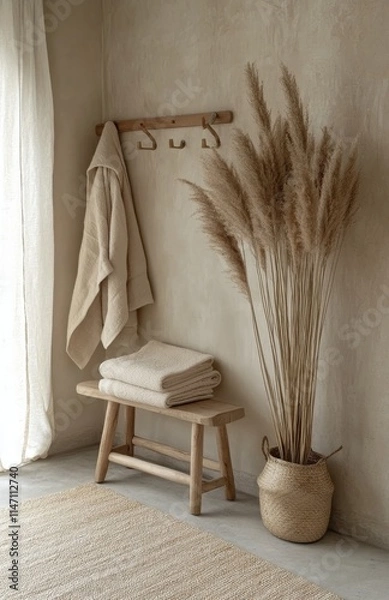 Fototapeta Cozy neutral space with natural decor featuring towels, dried plants, and minimalist design elements in a serene