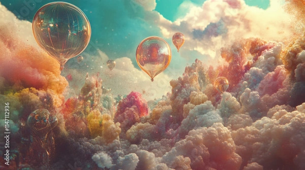 Fototapeta colorful hot air balloons floating in dreamy fantasy sky with fluffy clouds and magical light

