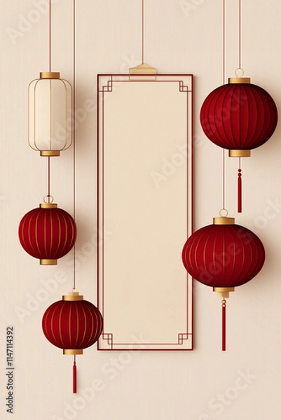 Obraz Seollal, Korean Lunar New Year Lantern template, white and gold minimalist interior design, with traditional holiday hanging red lanterns, with a serene and elegant feel, for Chinese New Year