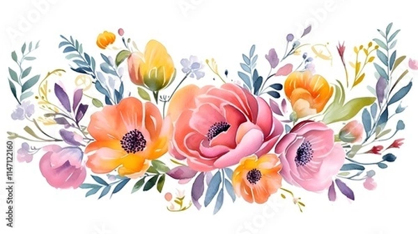 Fototapeta Watercolor floral arrangement featuring vibrant flowers and green leaves with artistic brushstrokes