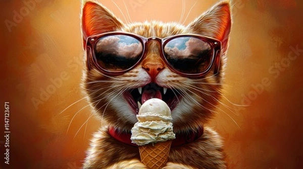 Fototapeta Adorable orange cat wearing stylish sunglasses enthusiastically enjoying a delicious ice cream cone on a warm sunny day