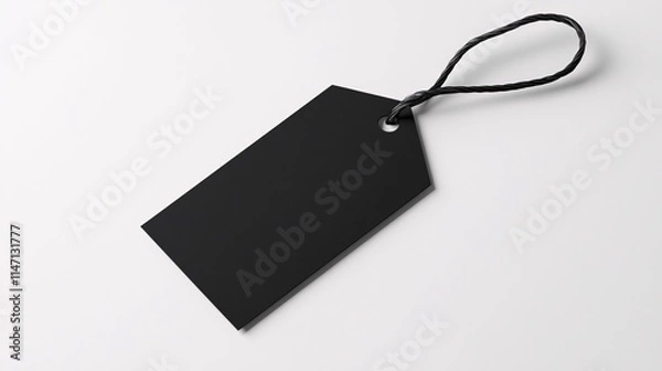 Fototapeta Blank black price tag with a braided string for labeling and branding purposes.
