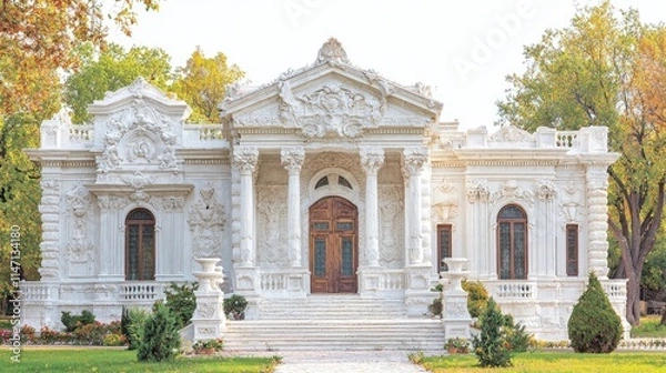 Fototapeta Ornate white palace facade with columns, steps, and landscaping.