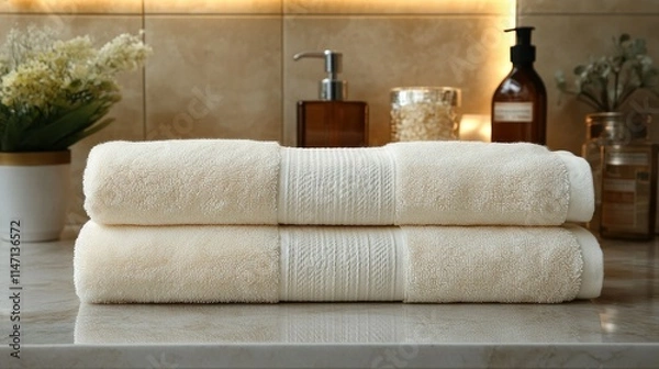 Obraz Soft towels neatly arranged on a bathroom countertop.
