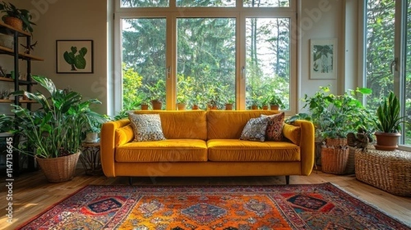 Fototapeta A bohemian living room with layered rugs, vibrant textiles, and a mix of rattan and velvet furniture.