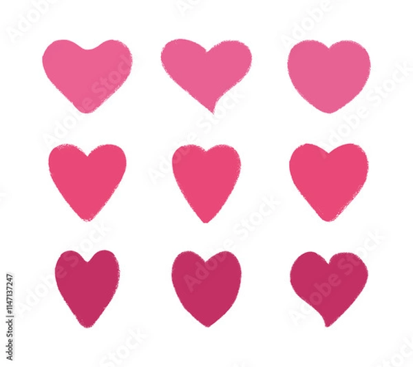 Fototapeta Abstract different-textured hearts set on a transparent background. Design vector elements for Valentine's Day. Grunge crayon doodle stroke line.