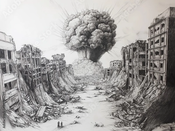 Obraz Dramatic illustration of a post-apocalyptic cityscape with crumbling buildings and a massive cloud resembling a nuclear explosion in the background
