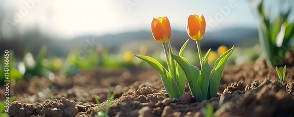 Fototapeta Tulip buds. Gift or postcard for March 8, bouquet of flowers. Spring flowers, picnic, nature. Bright tulips bathed in warm sun rays against the backdrop of a beautiful garden.