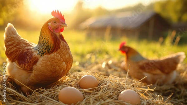 Fototapeta Healthy chickens in a natural farm setting, with freshly laid eggs in straw nests under soft golden light, highlighting organic egg production and nutrition. 
