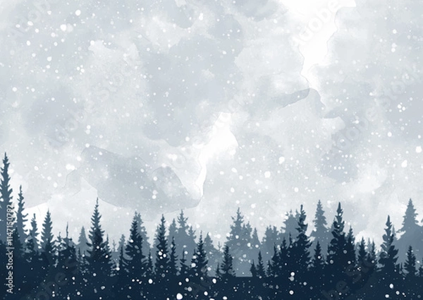 Obraz Watercolour Forest Winter Landscape Scenery