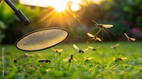 Obraz Swarm of mosquitoes flying near grass with insect zapper during sunset in a lush green garden highlighting summer pests