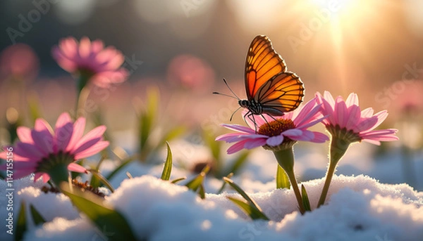 Fototapeta Butterfly sitting on flowers in snow at sunset with soft sunlight, early spring prediction, Groundhog Day