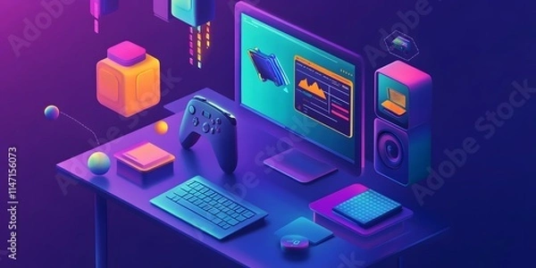 Fototapeta Neon Lit Gaming Setup With Isometric Design Elements