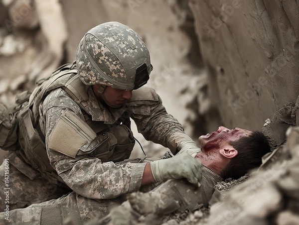 Obraz Soldier providing first aid to wounded comrade in military combat zone during wartime conflict, showcasing bravery and teamwork under stress