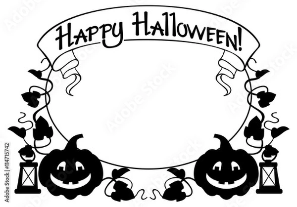 Fototapeta Black and white frame with Halloween pumpkin and text "Happy Halloween!" Vector clip art.
