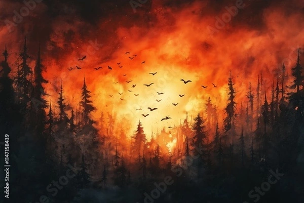Fototapeta Wildfire engulfing a dense forest with birds silhouetted against a fiery blaze creating a dramatic and intense landscape scene