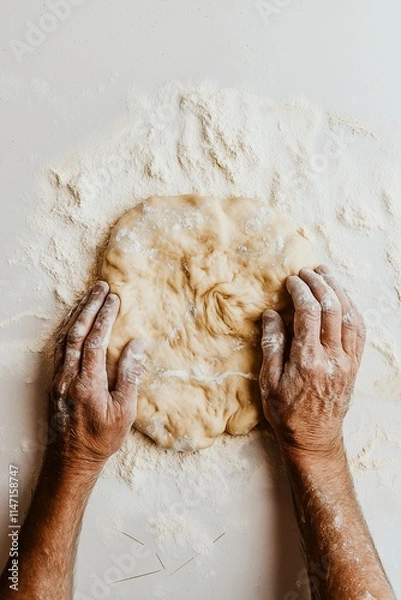 Fototapeta Hands kneading raw dough on the table, top view