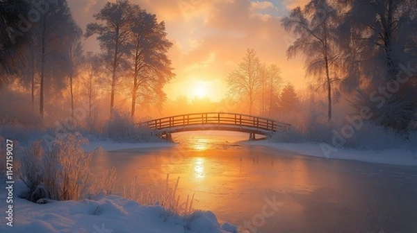Obraz Tranquil winter sunrise over a frozen lake with a bridge and snow-covered trees, reflecting warm golden and orange hues