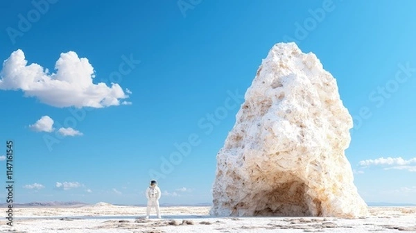 Fototapeta Astronaut exploring a large salt formation in a desert landscape under a clear blue sky.