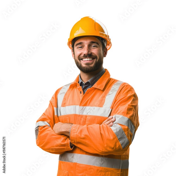 Fototapeta Smiling engineer man or construction worker with safety helmet in construction site on transparent background PNG