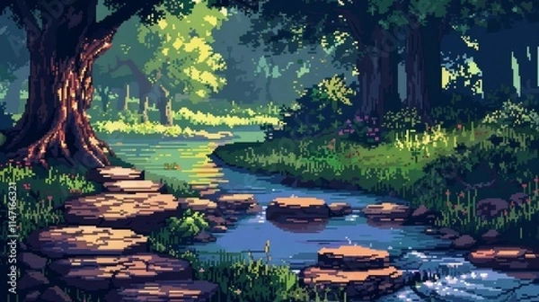 Fototapeta A serene pixel art landscape with a stream, rocks, and lush vegetation.