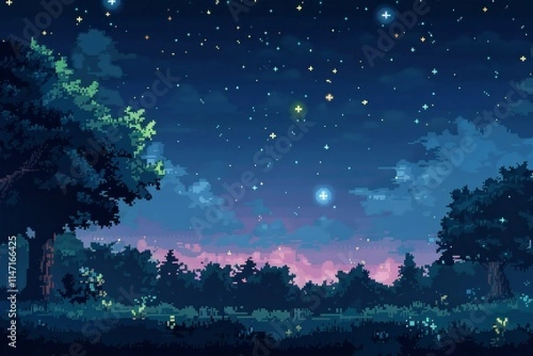 Fototapeta A serene pixel art night scene with trees under a starry sky and a colorful horizon.