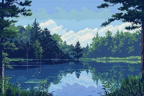 Fototapeta A serene pixel art scene depicting a tranquil lake surrounded by lush trees and a bright sky.