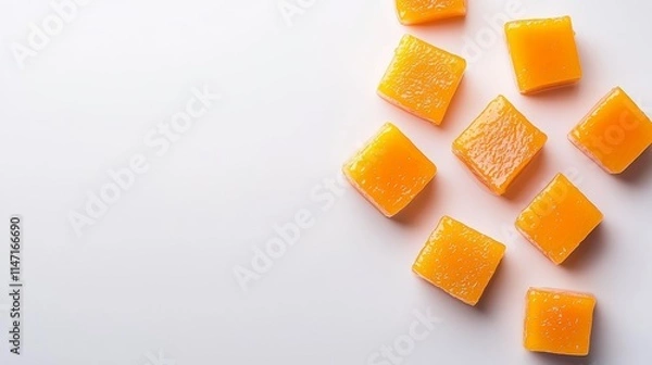 Fototapeta Golden mango cubes neatly arranged, isolated on pure white background, tropical sweetness and dessert inspiration