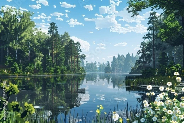Fototapeta A serene pixel-art landscape featuring a calm lake surrounded by lush trees and blooming flowers.