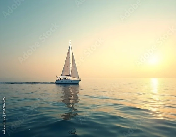 Fototapeta a sailboat is sailing on the water with the sun setting behind it.