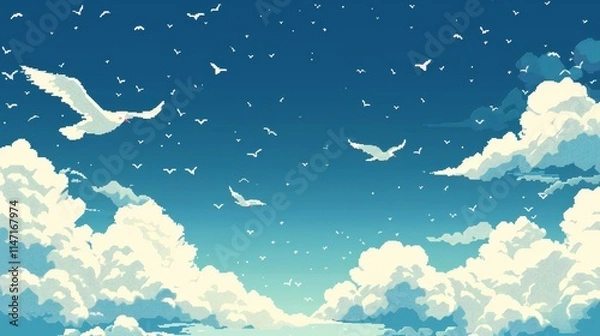Fototapeta A serene sky filled with clouds and birds, evoking tranquility and freedom.