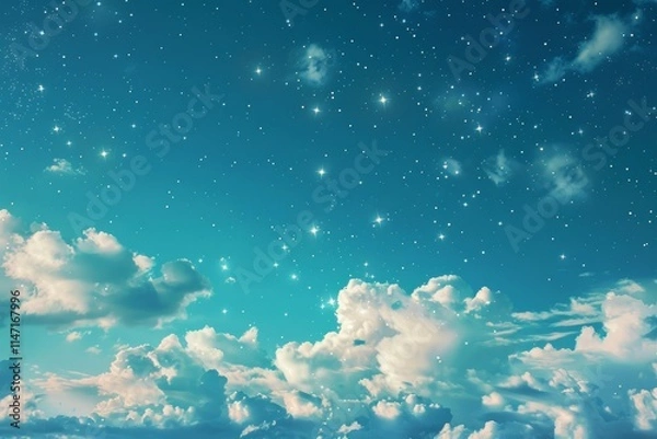 Fototapeta A serene sky filled with clouds and twinkling stars, evoking a sense of wonder and tranquility.