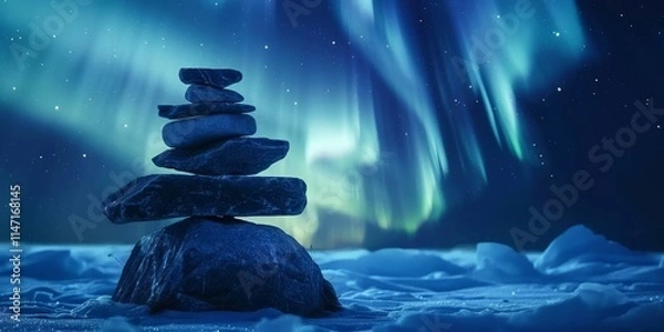 Fototapeta A serene stack of stones under a vibrant aurora borealis in a snowy landscape.
