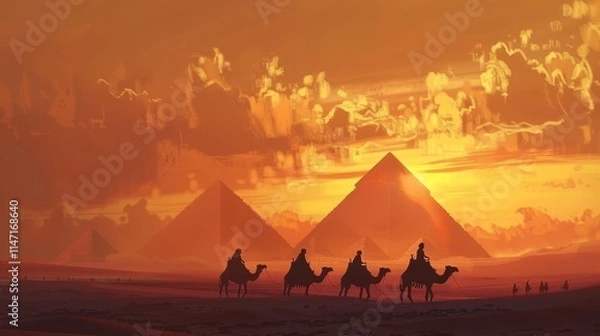 Fototapeta A serene sunset over pyramids with travelers on camels in the desert.