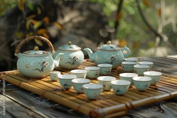 Fototapeta A serene tea set arranged on bamboo, showcasing a traditional tea ceremony setup.