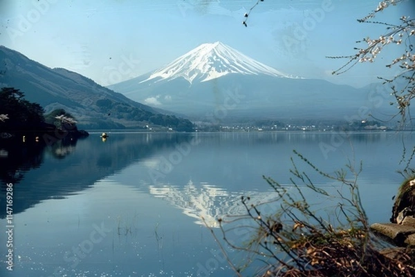 Fototapeta A serene view of a snow-capped mountain reflected in a calm lake, surrounded by nature.