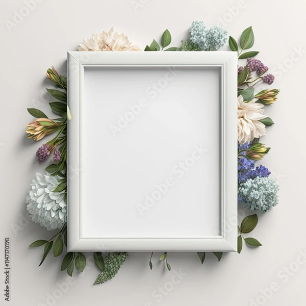 Fototapeta Top view on white photoframe with copy space for text or picture and beautiful spring flowers around on white background. Mother's Day, Valentine's Day, birthday card, invitation