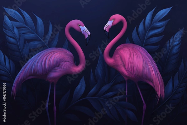 Fototapeta Pinker Flamingo steht zwischen tropischen Blättern

