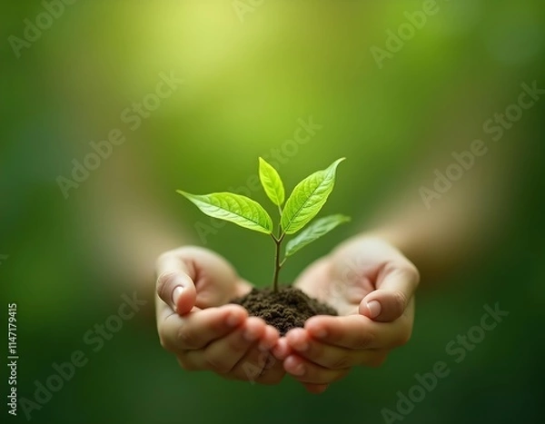 Fototapeta A small green sapling growing in soil held by two hands, symbolizing care for the environment.