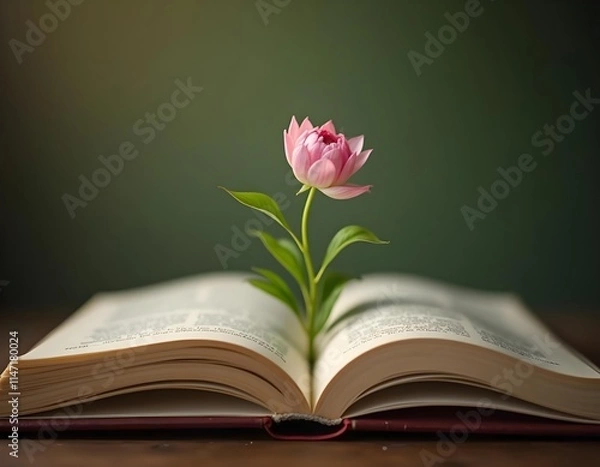 Fototapeta A pink flower sprouting from the pages of an open book, symbolizing growth and knowledge.